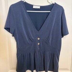 Blue Short Sleeve Peplum Blouse with Button Detail